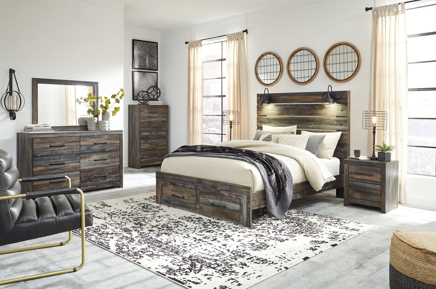 Drystan Queen Panel Bed with 2 Storage Drawers with Dresser